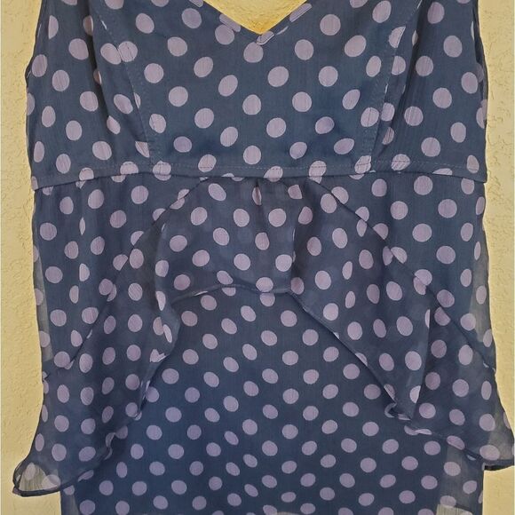 American Eagle Polka Dot Crepe Ruffled Navy V Neck Camisole Blouse Top - Picture 4 of 5